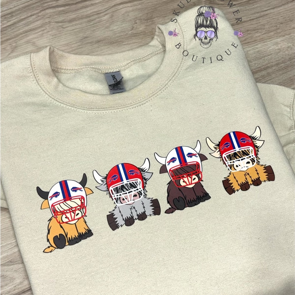 Football highland cow B I L L S crewneck sweatshirt.